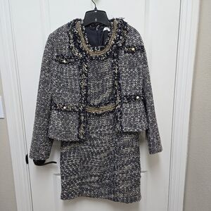 Boston Proper Dress with Blazer Navy Blue Tweed Fringe Trim Pearl Gold